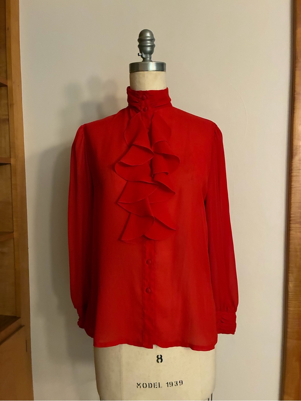 Ellen Ashley Red Ruffle Front High-Neck Blouse Sheer “Secretary” Style 70s 80s